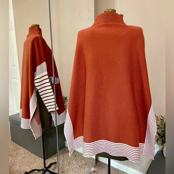 Chicwish Mock Neck Poncho Sweater Pullover Burnt Orange Striped Size S / M - Picture 5 of 13